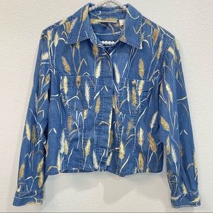 Liz Claiborne Blue Denim Button-Down Shirt with Gold Wheat Print